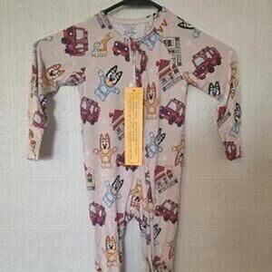 Bluey Bamboo Zip Footie Pajamas Firetruck Print 12–18M NWT